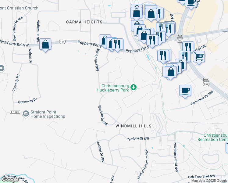 map of restaurants, bars, coffee shops, grocery stores, and more near 540 Windsor Drive Northwest in Christiansburg