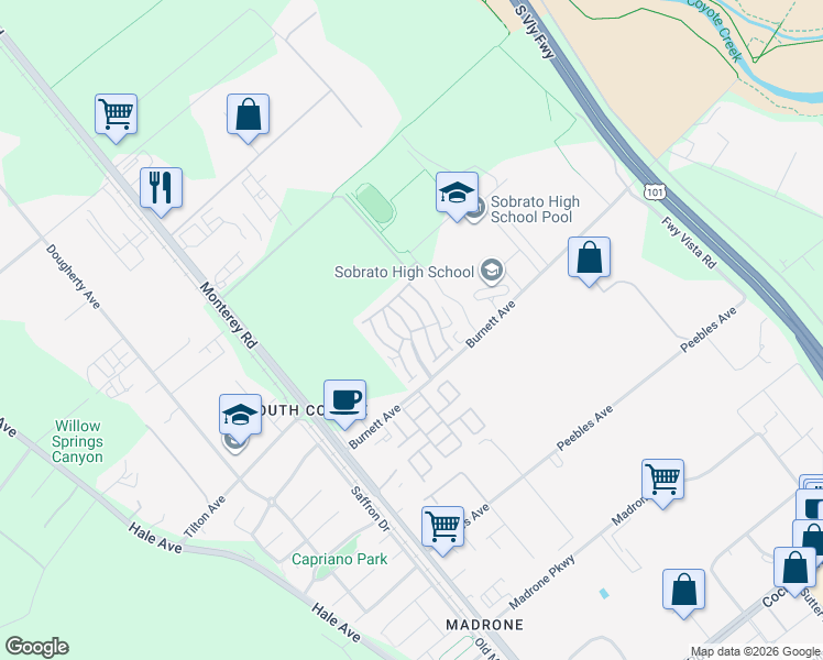 map of restaurants, bars, coffee shops, grocery stores, and more near 15 Hacienda Valley Drive in Morgan Hill