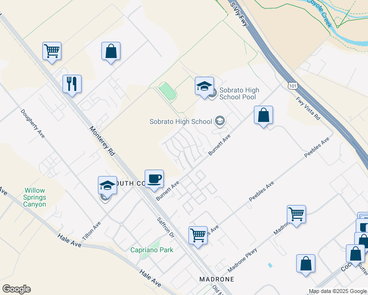 map of restaurants, bars, coffee shops, grocery stores, and more near 275 Burnett Avenue in Morgan Hill