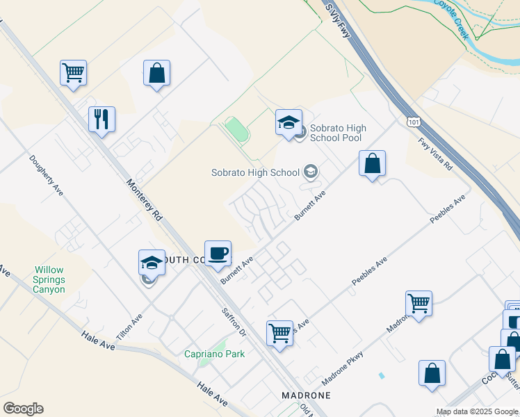 map of restaurants, bars, coffee shops, grocery stores, and more near 275 Burnett Avenue in Morgan Hill