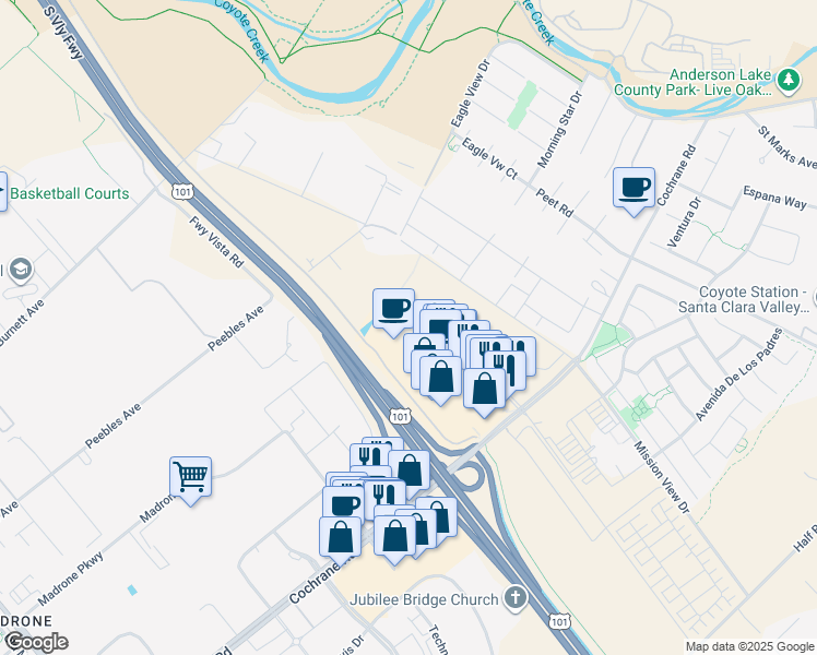 map of restaurants, bars, coffee shops, grocery stores, and more near 1061 Cochrane Road in Morgan Hill