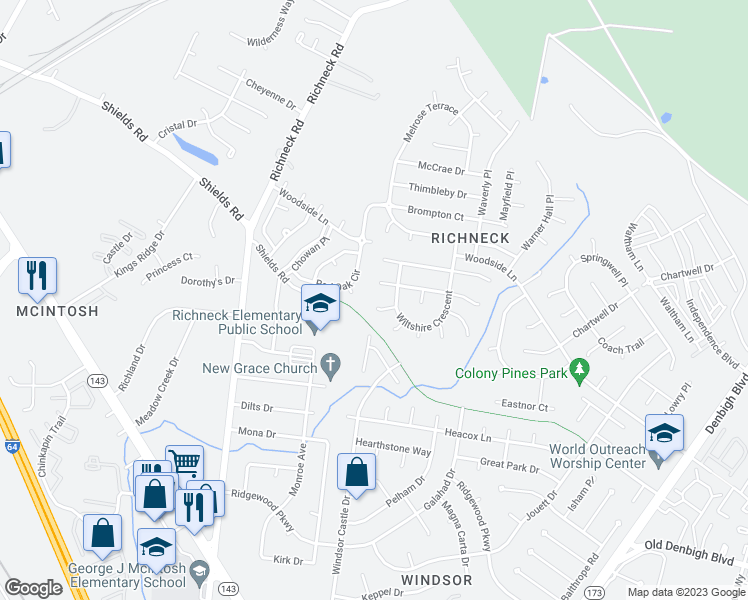 map of restaurants, bars, coffee shops, grocery stores, and more near 845 Weston Court in Newport News