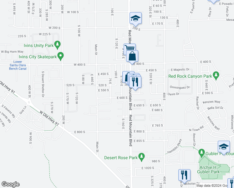 map of restaurants, bars, coffee shops, grocery stores, and more near 123 East 570 South in Ivins