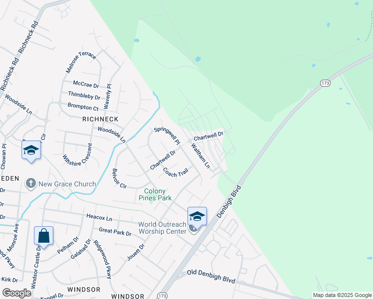 map of restaurants, bars, coffee shops, grocery stores, and more near 1454 Waltham Lane in Newport News