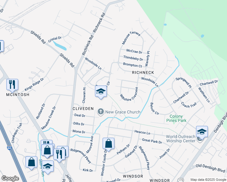 map of restaurants, bars, coffee shops, grocery stores, and more near 845 Weston Court in Newport News