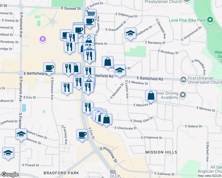 map of restaurants, bars, coffee shops, grocery stores, and more near 2099 East Holly Court in Springfield