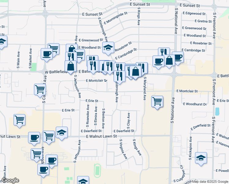 map of restaurants, bars, coffee shops, grocery stores, and more near 3046 South Kimbrough Avenue in Springfield