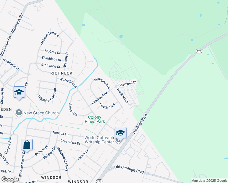 map of restaurants, bars, coffee shops, grocery stores, and more near 1454 Waltham Lane in Newport News