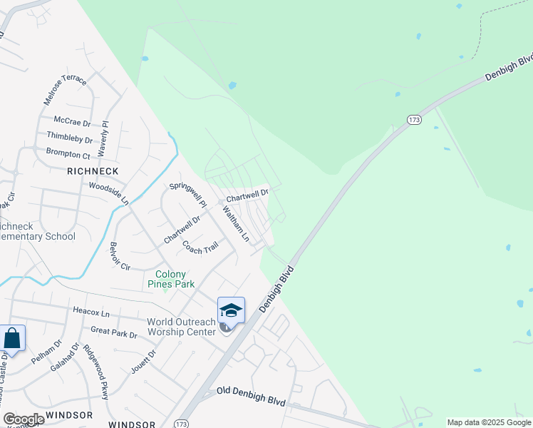 map of restaurants, bars, coffee shops, grocery stores, and more near 1415 Harwinton Court in Newport News