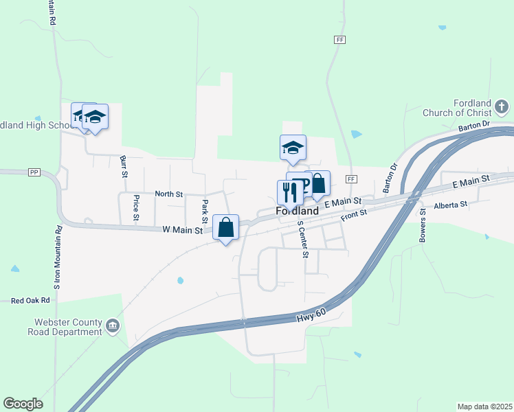 map of restaurants, bars, coffee shops, grocery stores, and more near 165 Oak Street in Fordland