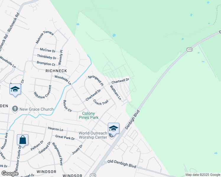 map of restaurants, bars, coffee shops, grocery stores, and more near 1454 Waltham Lane in Newport News