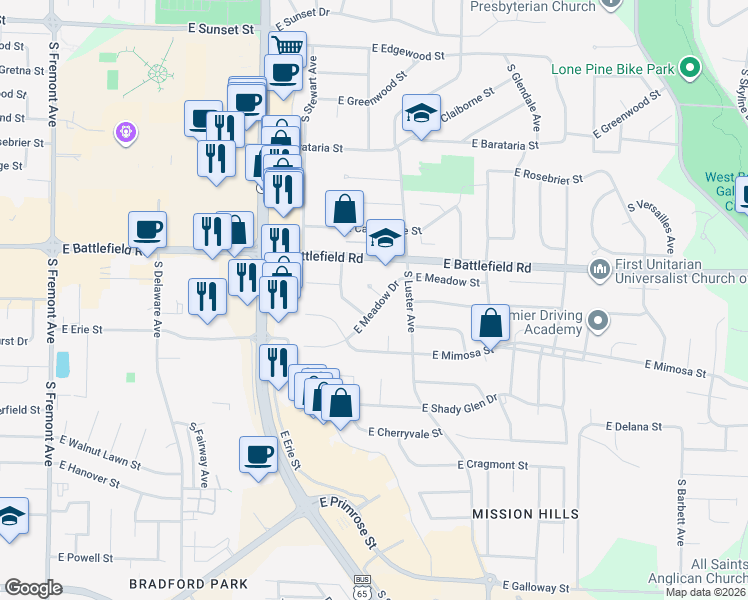 map of restaurants, bars, coffee shops, grocery stores, and more near 2001-2099 East Holly Court in Springfield