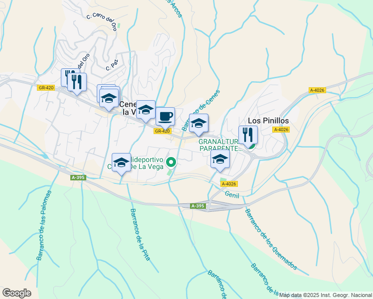 map of restaurants, bars, coffee shops, grocery stores, and more near Camino de las Fuentezuelas in Cenes de la Vega