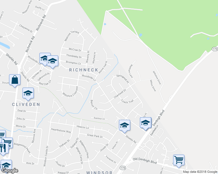map of restaurants, bars, coffee shops, grocery stores, and more near 932 Elton Hall Circle in Newport News