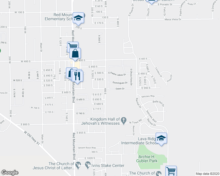 map of restaurants, bars, coffee shops, grocery stores, and more near 579 Fiesta Drive in Ivins
