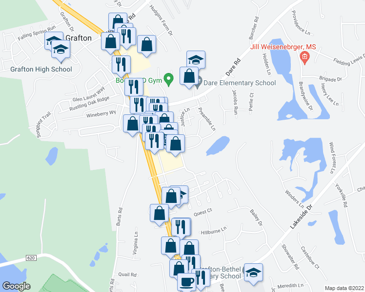 map of restaurants, bars, coffee shops, grocery stores, and more near 103 Piccadilly Loop in Yorktown