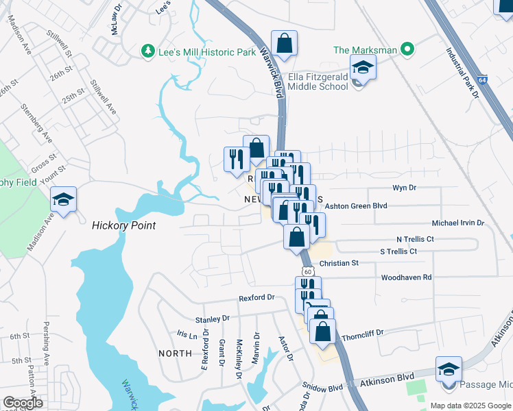map of restaurants, bars, coffee shops, grocery stores, and more near 105 Shellabarger Drive in Newport News