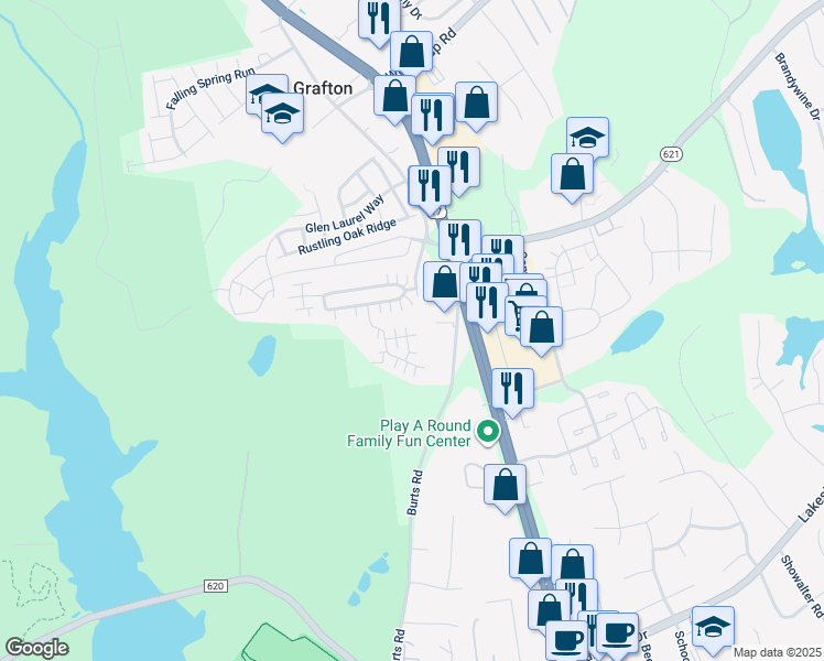 map of restaurants, bars, coffee shops, grocery stores, and more near 117 Sheila Way in Yorktown