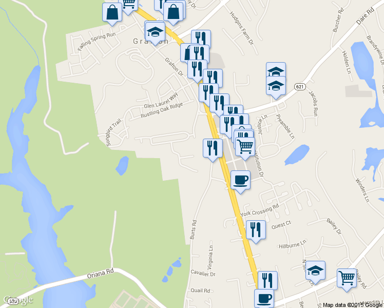 map of restaurants, bars, coffee shops, grocery stores, and more near 117 Sheila Way in Yorktown