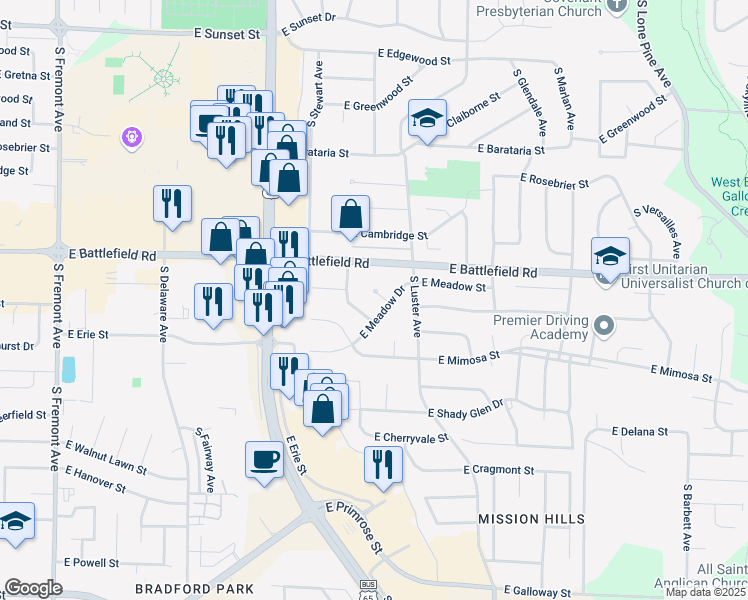 map of restaurants, bars, coffee shops, grocery stores, and more near 2001-2099 East Holly Court in Springfield