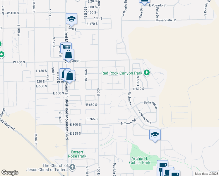 map of restaurants, bars, coffee shops, grocery stores, and more near 467 Oasis Drive in Ivins
