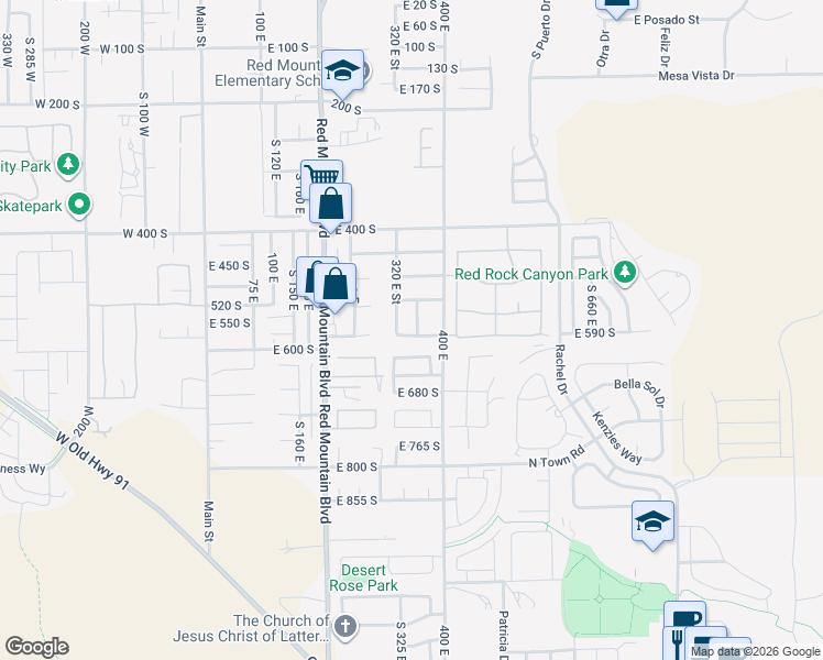 map of restaurants, bars, coffee shops, grocery stores, and more near 349 East 580 South in Ivins