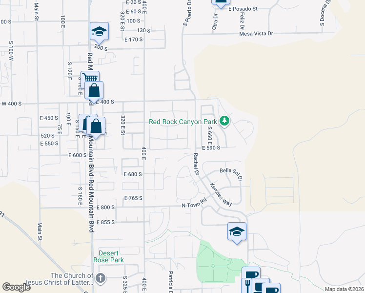 map of restaurants, bars, coffee shops, grocery stores, and more near 547 Oasis Drive in Ivins