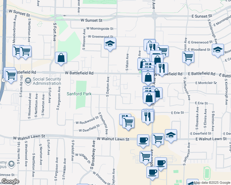 map of restaurants, bars, coffee shops, grocery stores, and more near 617 West Montclair Street in Springfield
