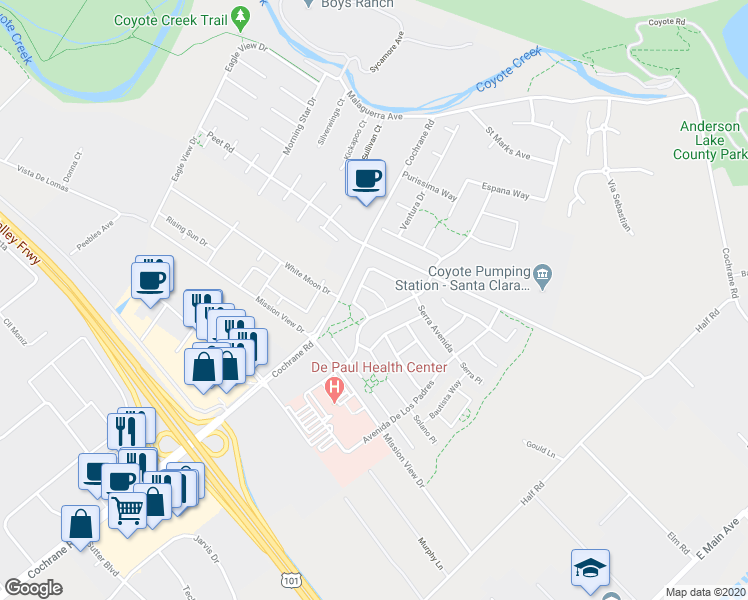 map of restaurants, bars, coffee shops, grocery stores, and more near 18525 Serra Court in Morgan Hill
