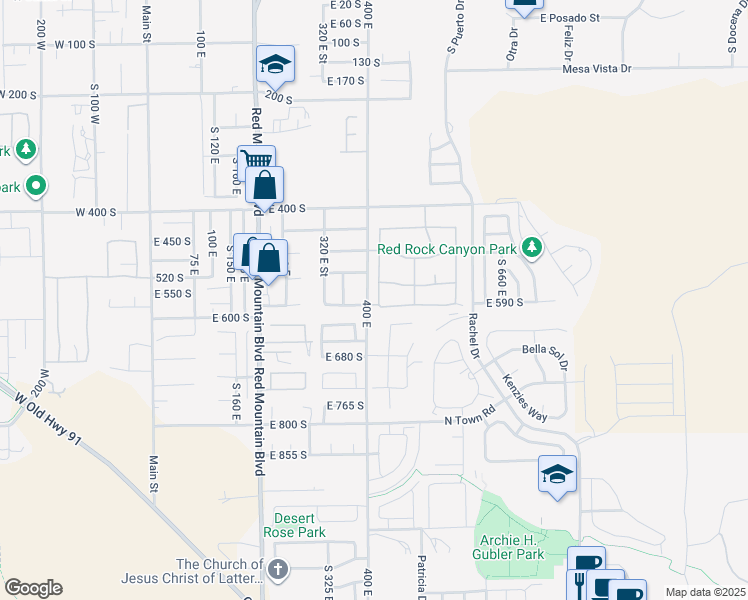 map of restaurants, bars, coffee shops, grocery stores, and more near 576 South Fiesta Drive in Ivins