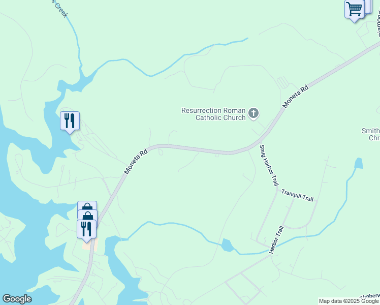 map of restaurants, bars, coffee shops, grocery stores, and more near 15812 Moneta Road in Moneta