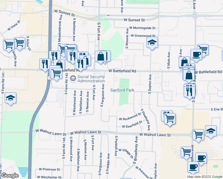 map of restaurants, bars, coffee shops, grocery stores, and more near 3111 South Franklin Avenue in Springfield