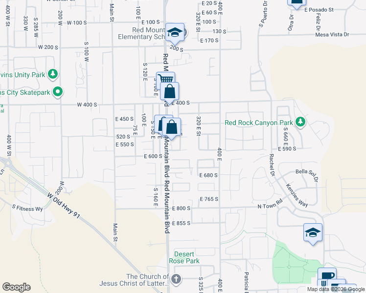 map of restaurants, bars, coffee shops, grocery stores, and more near 565 South 250 East in Ivins