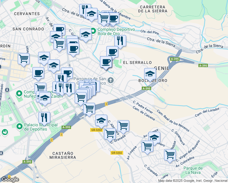 map of restaurants, bars, coffee shops, grocery stores, and more near 11 Calle Valle de Riofrío in Granada