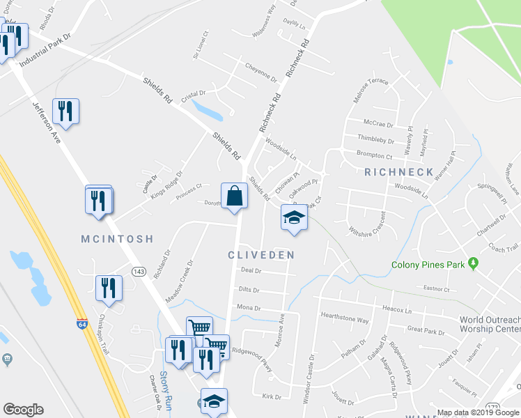 map of restaurants, bars, coffee shops, grocery stores, and more near 21 Chowan Pl in Newport News