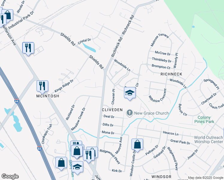 map of restaurants, bars, coffee shops, grocery stores, and more near 21 Chowan Pl in Newport News