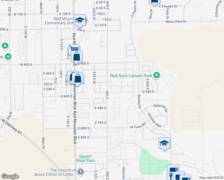 map of restaurants, bars, coffee shops, grocery stores, and more near 567 South Fiesta Drive in Ivins