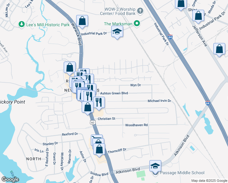 map of restaurants, bars, coffee shops, grocery stores, and more near 447 Ashton Green Boulevard in Newport News