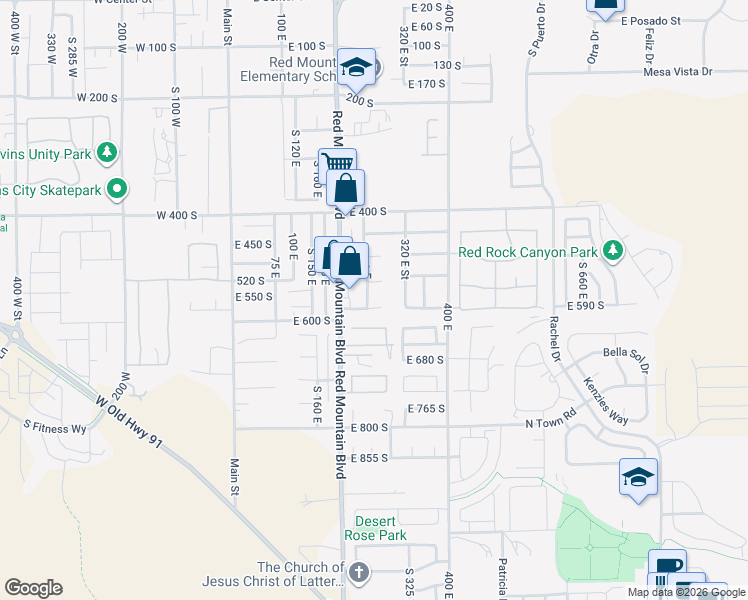 map of restaurants, bars, coffee shops, grocery stores, and more near 565 South 250 East in Ivins