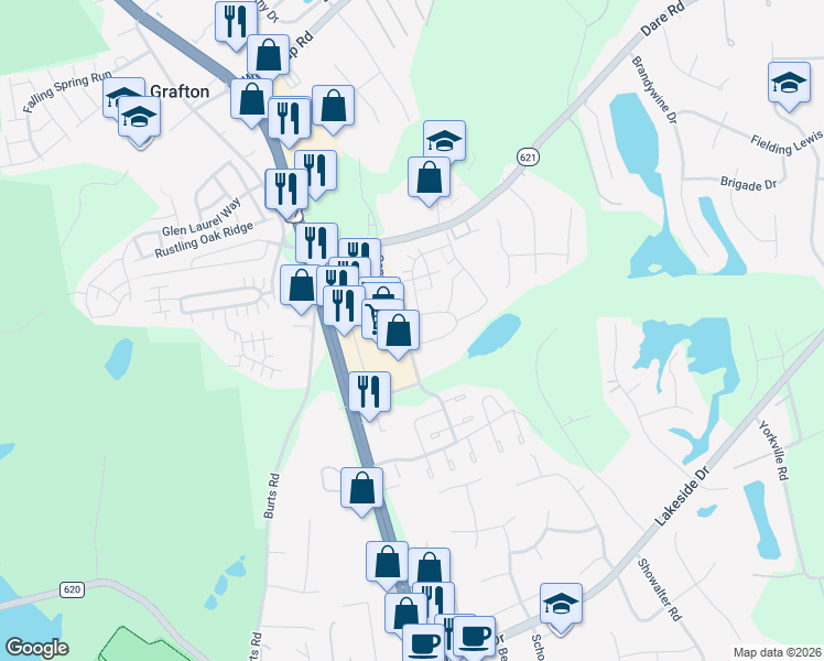 map of restaurants, bars, coffee shops, grocery stores, and more near 200 Piccadilly Loop in Yorktown