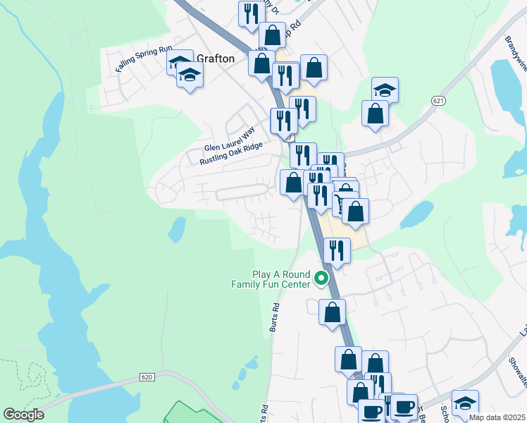 map of restaurants, bars, coffee shops, grocery stores, and more near 107 Sheila Way in Yorktown