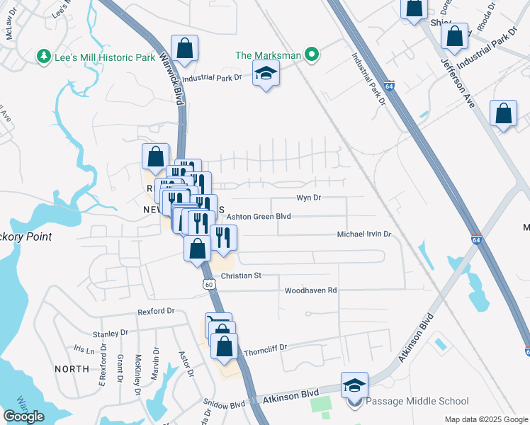 map of restaurants, bars, coffee shops, grocery stores, and more near 447 Ashton Green Boulevard in Newport News