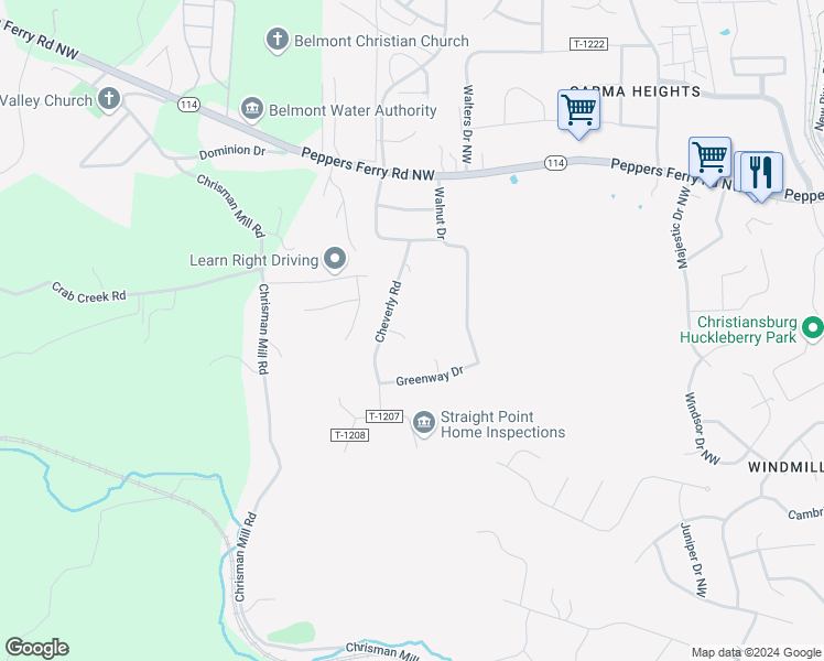 map of restaurants, bars, coffee shops, grocery stores, and more near 90 Alta Court Northwest in Christiansburg