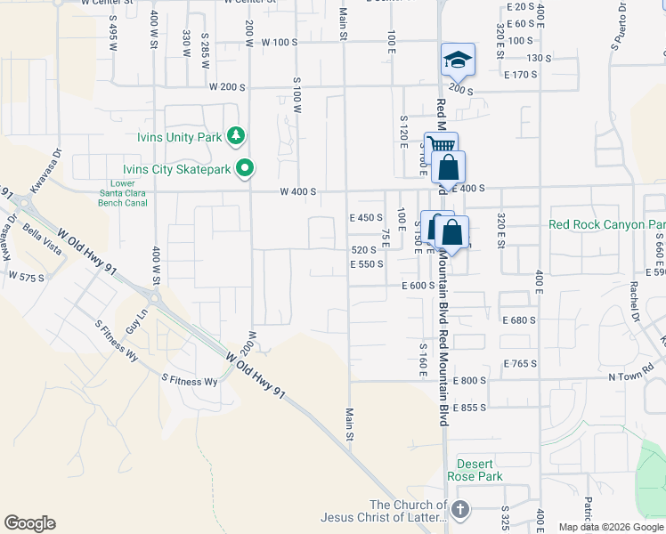 map of restaurants, bars, coffee shops, grocery stores, and more near 557 Harmony Circle in Ivins