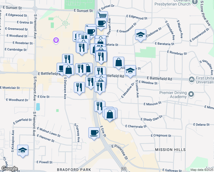map of restaurants, bars, coffee shops, grocery stores, and more near 1858 East Shamrock Circle in Springfield