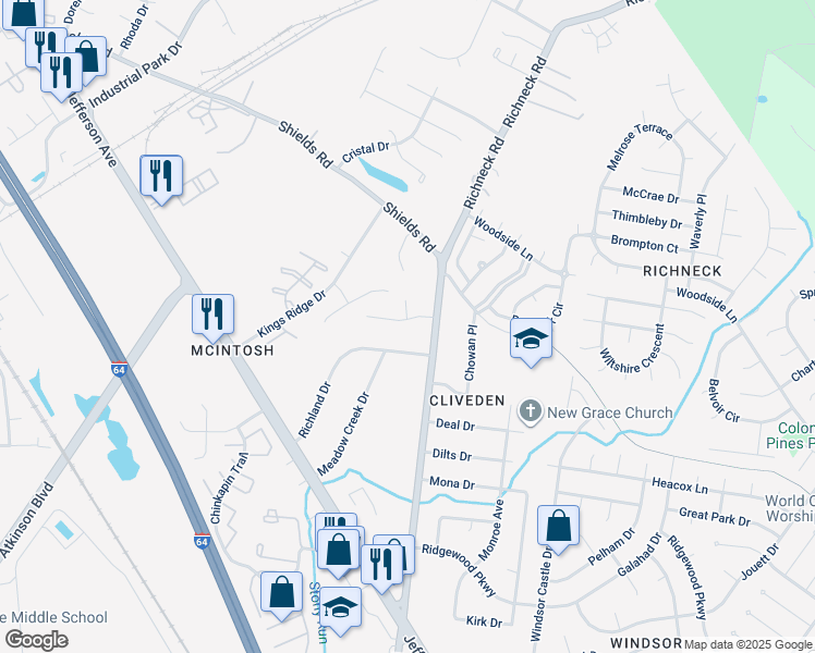 map of restaurants, bars, coffee shops, grocery stores, and more near 718 Dorothy's Drive in Newport News