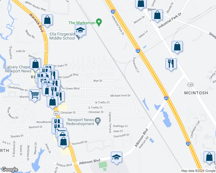 map of restaurants, bars, coffee shops, grocery stores, and more near 489 Ashton Green Boulevard in Newport News
