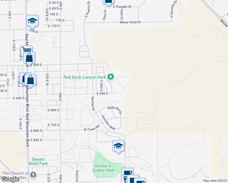 map of restaurants, bars, coffee shops, grocery stores, and more near 735 East 590 South in Ivins
