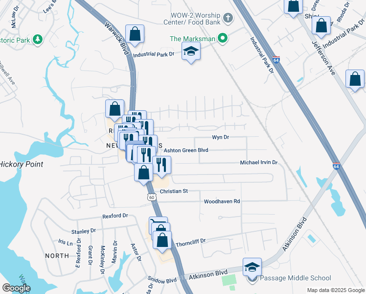 map of restaurants, bars, coffee shops, grocery stores, and more near 445 Ashton Green Boulevard in Newport News