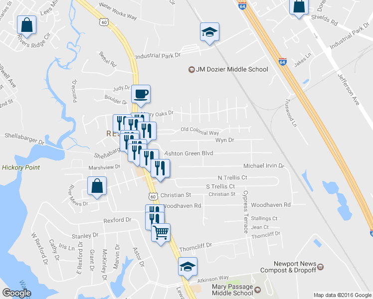 map of restaurants, bars, coffee shops, grocery stores, and more near 445 Ashton Green Boulevard in Newport News